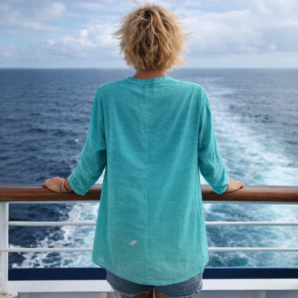 Akris Swimmer In Antigua Print Ocean Turquoise Blue Designer Drape Tunic - Picture 5 of 13